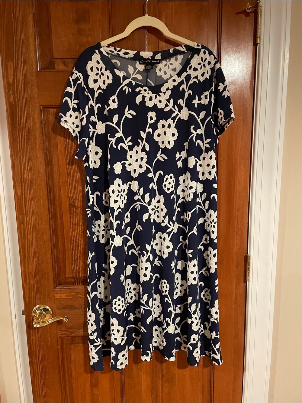 Candalite Women’s 2X Dark Blue White Floral Print Short Sleeve Dresses